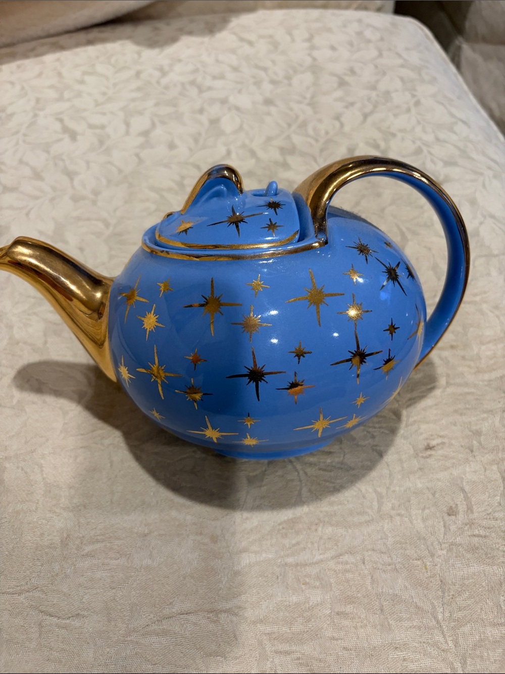 Blue Ceramic Teapot with Gold Starburst Accents HALL MADE IN USA